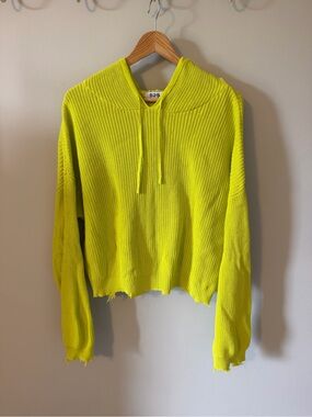 525 America Neon Chartreuse 100% Cotton Hooded Sweater Distressed Hem M